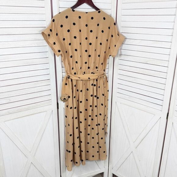 Mango Polka Dot Belted Fit Flare Midi Dress Tan Black Small 4 - Picture 10 of 13